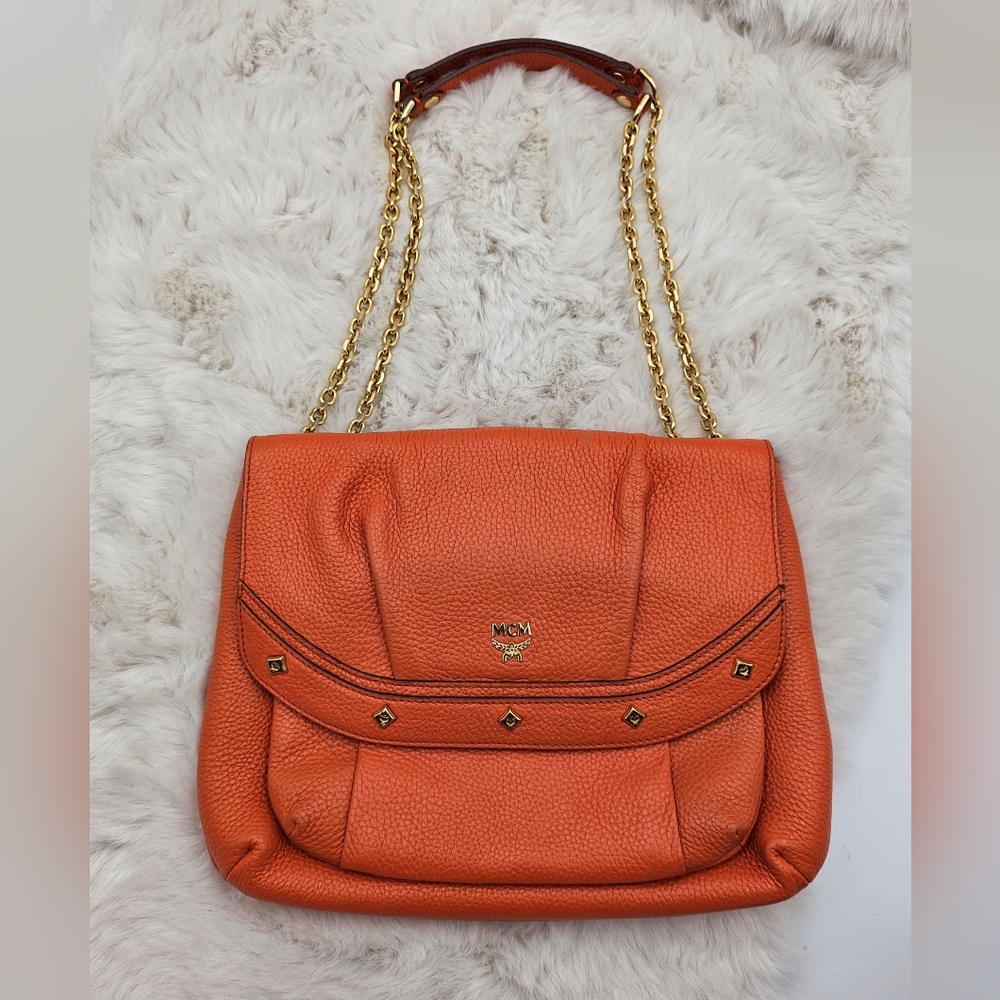 Auth. MCM‎ bright orange leather vintage gold chain crossbody convertible strap